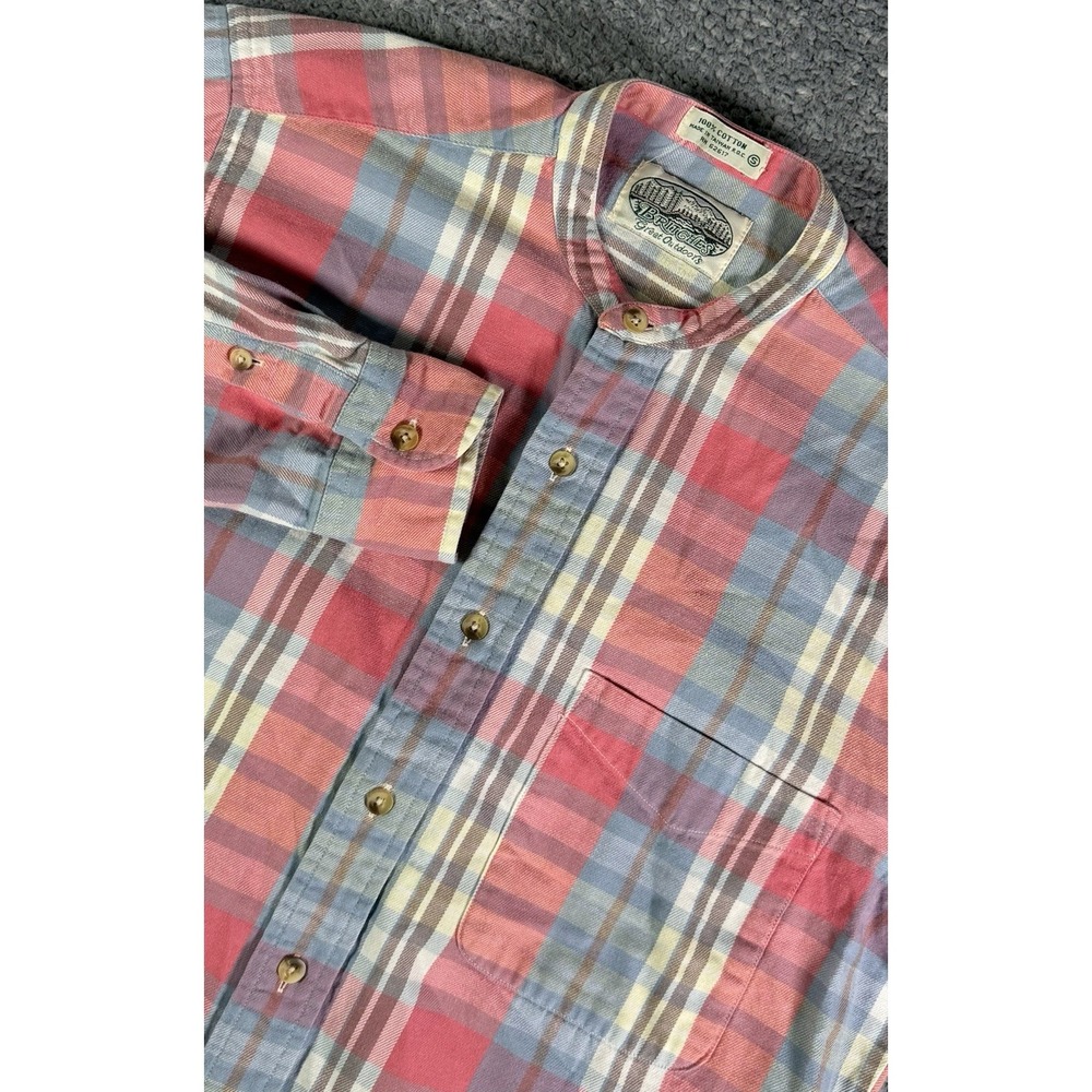 VTG Britches Button Up Shirt Mens S Pink Blue Plaid Cotton Band Manadarin Collar